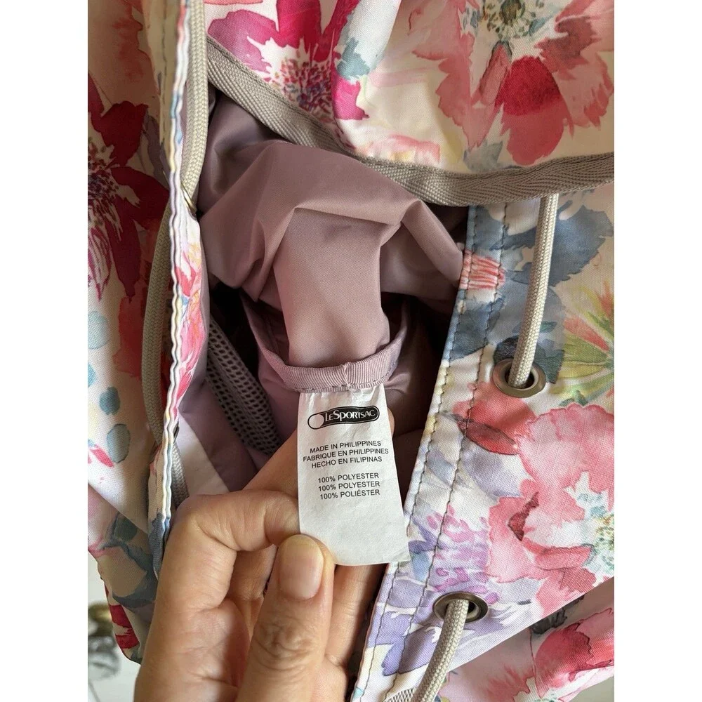 LeSportsac EUC Voyager Backpack Floral Watercolor Pink Drawstring Travel Bag
